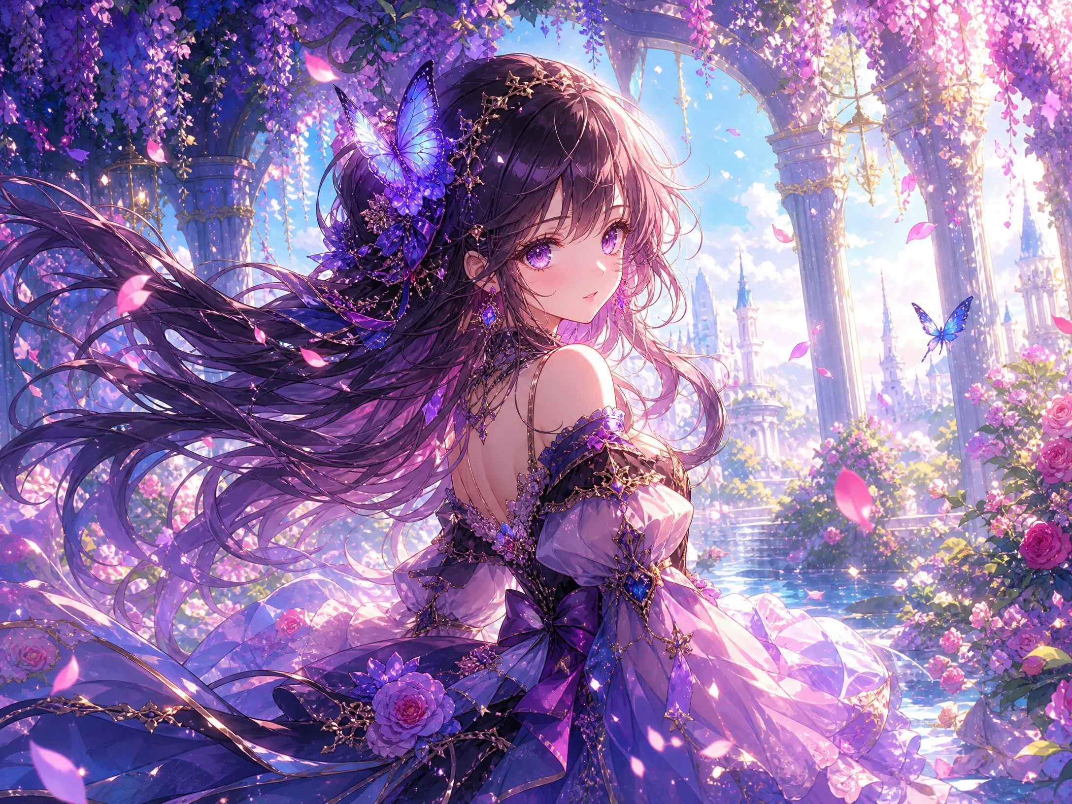 同人插画紫蝶花园展示梦幻紫色蝴蝶与花园场景